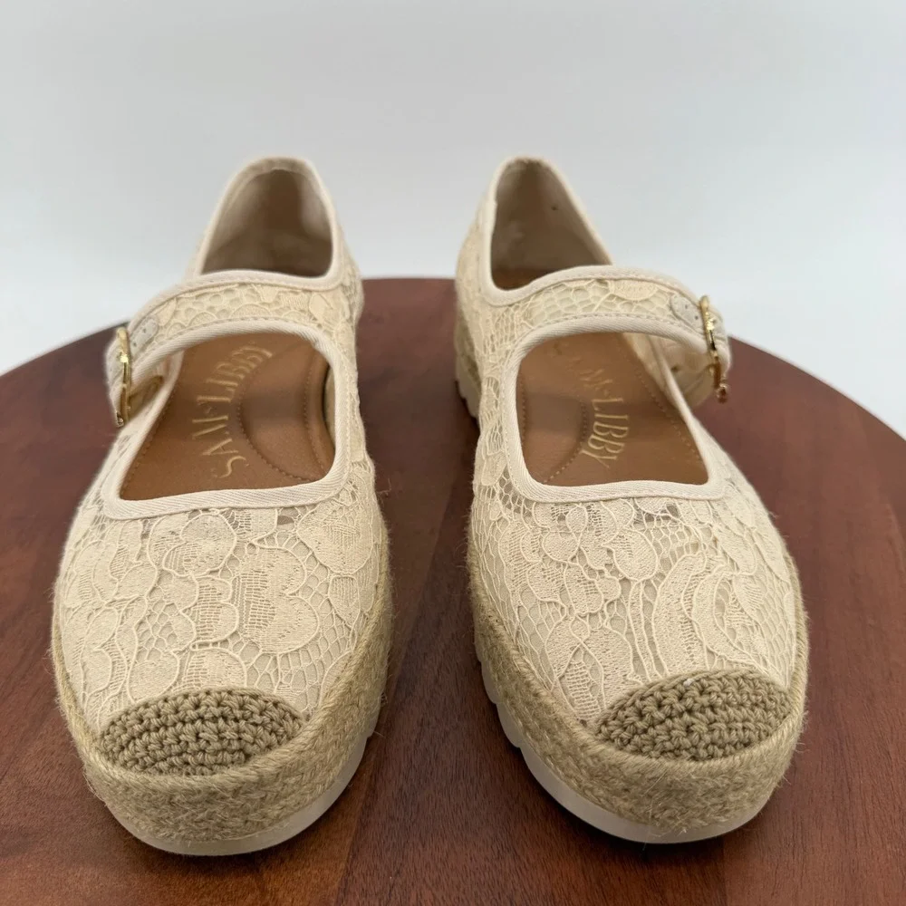 Sam & Libby Mary Jane Espadrille‎ Women Beige Floral Lace Platform Shoes 10